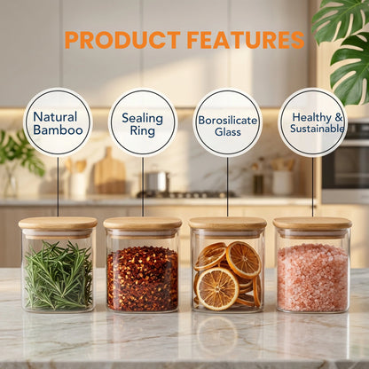 Square Airtight Glass Spice Jar with Bamboo Lid – 950ml