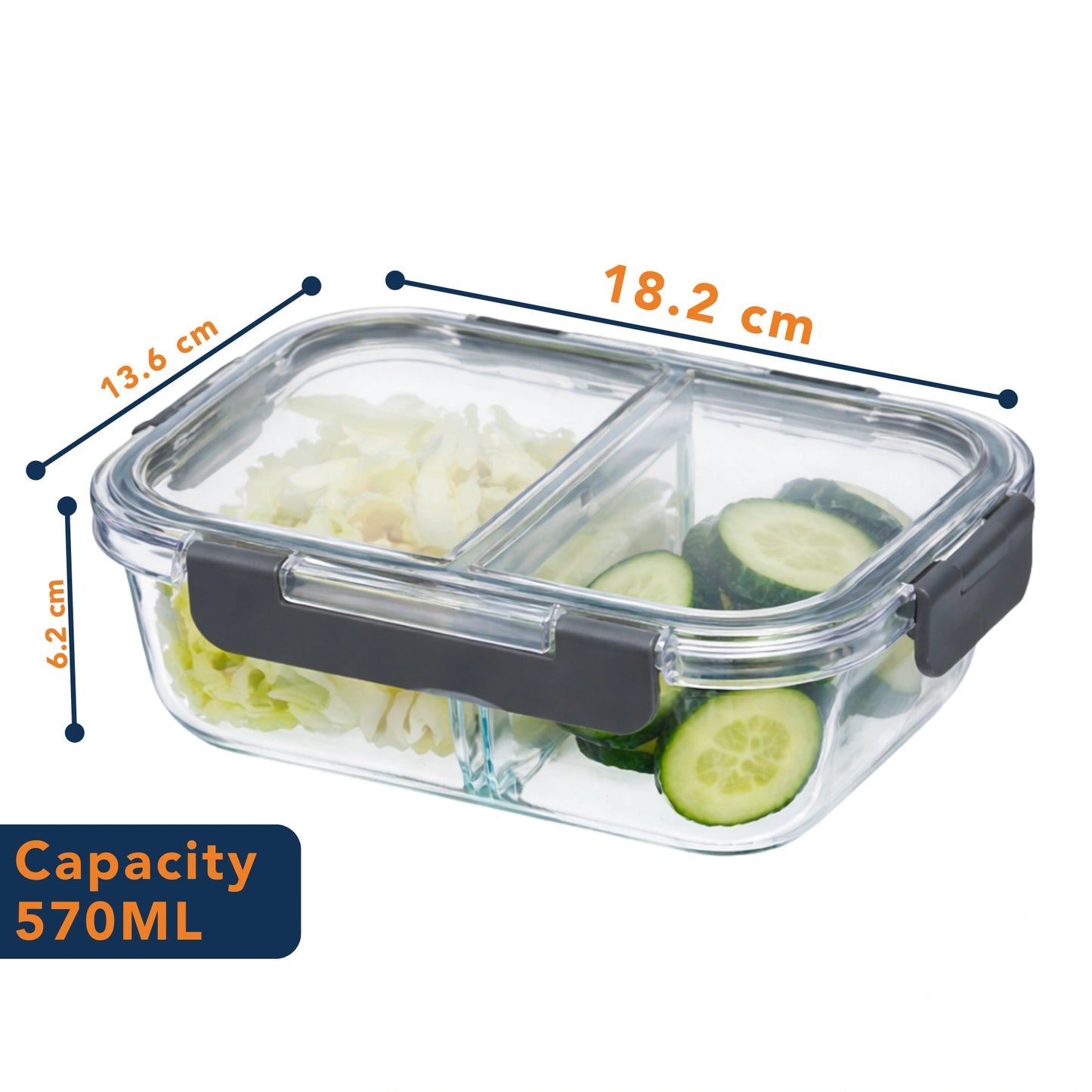 Borosilicate Glass Lunch Box with 2 Compartments & Leak-Proof 4-Side Lock Lid