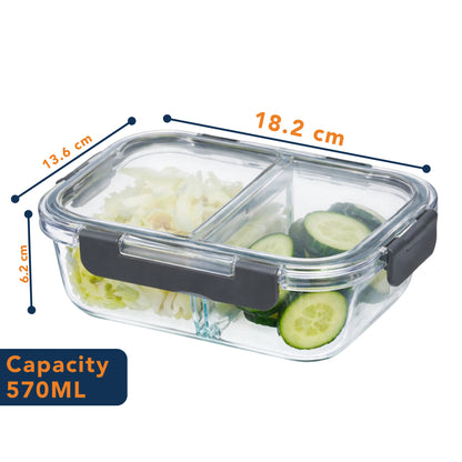 Borosilicate Glass Lunch Box with 2 Compartments & Leak-Proof 4-Side Lock Lid