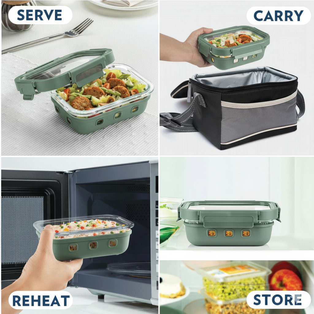 StacPro Griplok Borosilicate Glass Lunch Box – Forest Green | Leakproof Lid & Silicone Sleeve