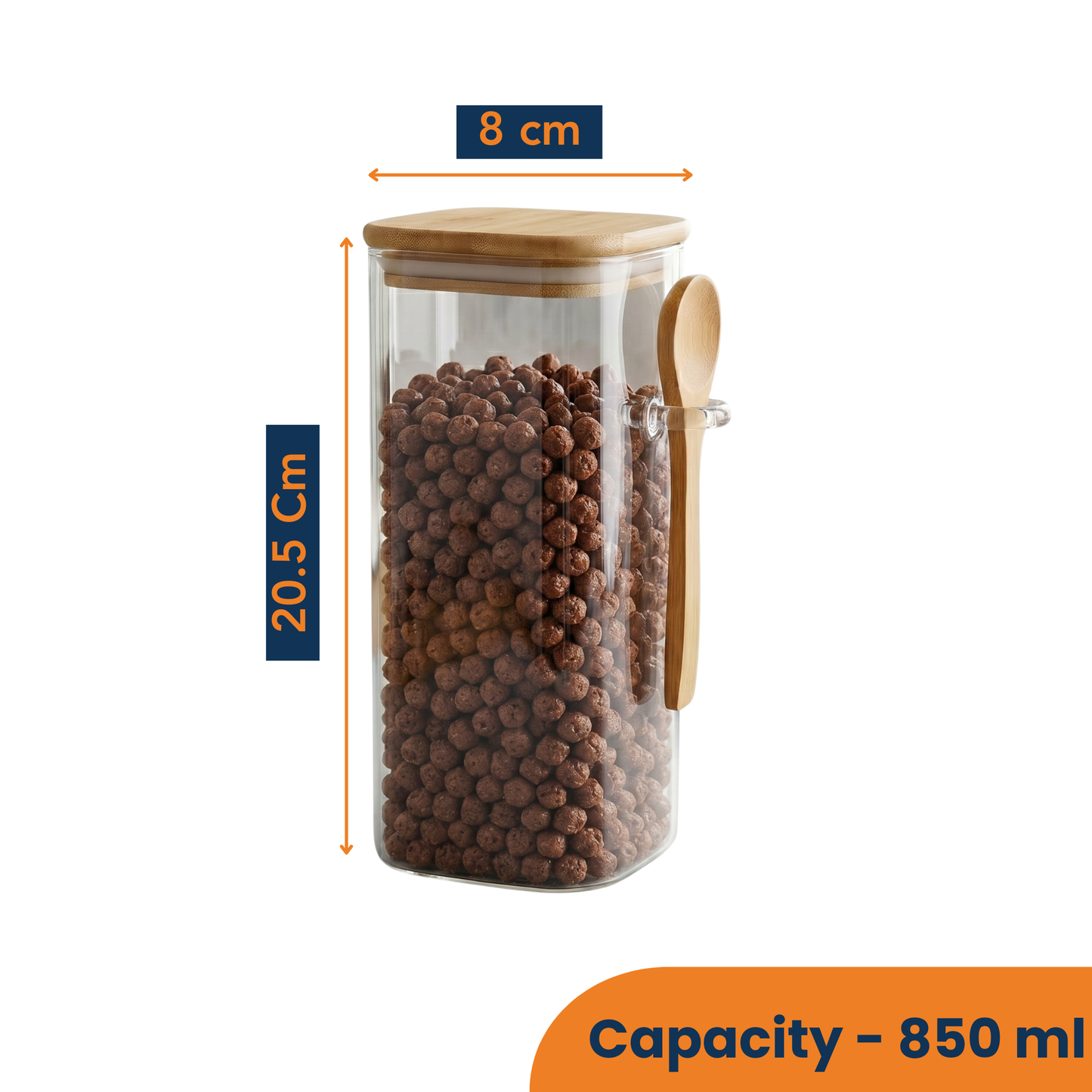 Square Airtight Glass Jar with Bamboo Lid & Spoon – 850ml