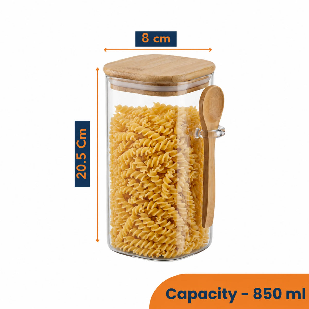 StacPro Airtight Square Glass Spice Jar with Bamboo Lid & Spoon – 850ml | Moisture-Proof, Stackable