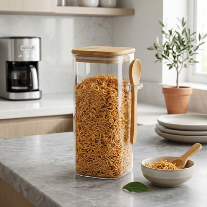Square Airtight Glass Jar with Bamboo Lid & Spoon – 850ml
