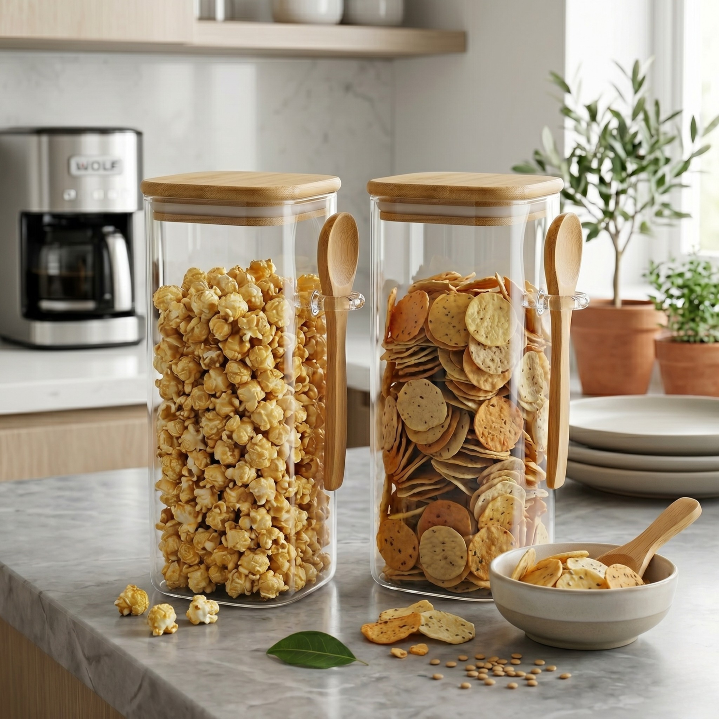 Square Airtight Glass Jar with Bamboo Lid & Spoon – 850ml