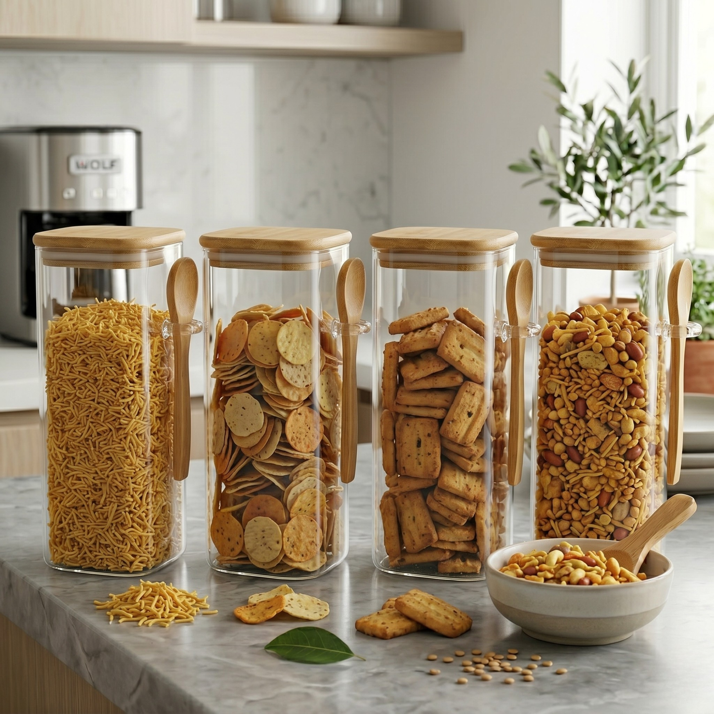 Square Airtight Glass Jar with Bamboo Lid & Spoon – 850ml