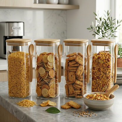 Square Airtight Glass Jar with Bamboo Lid & Spoon – 850ml