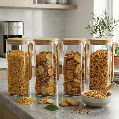 StacPro Airtight Square Glass Spice Jar with Bamboo Lid & Spoon – 850ml | Moisture-Proof, Stackable
