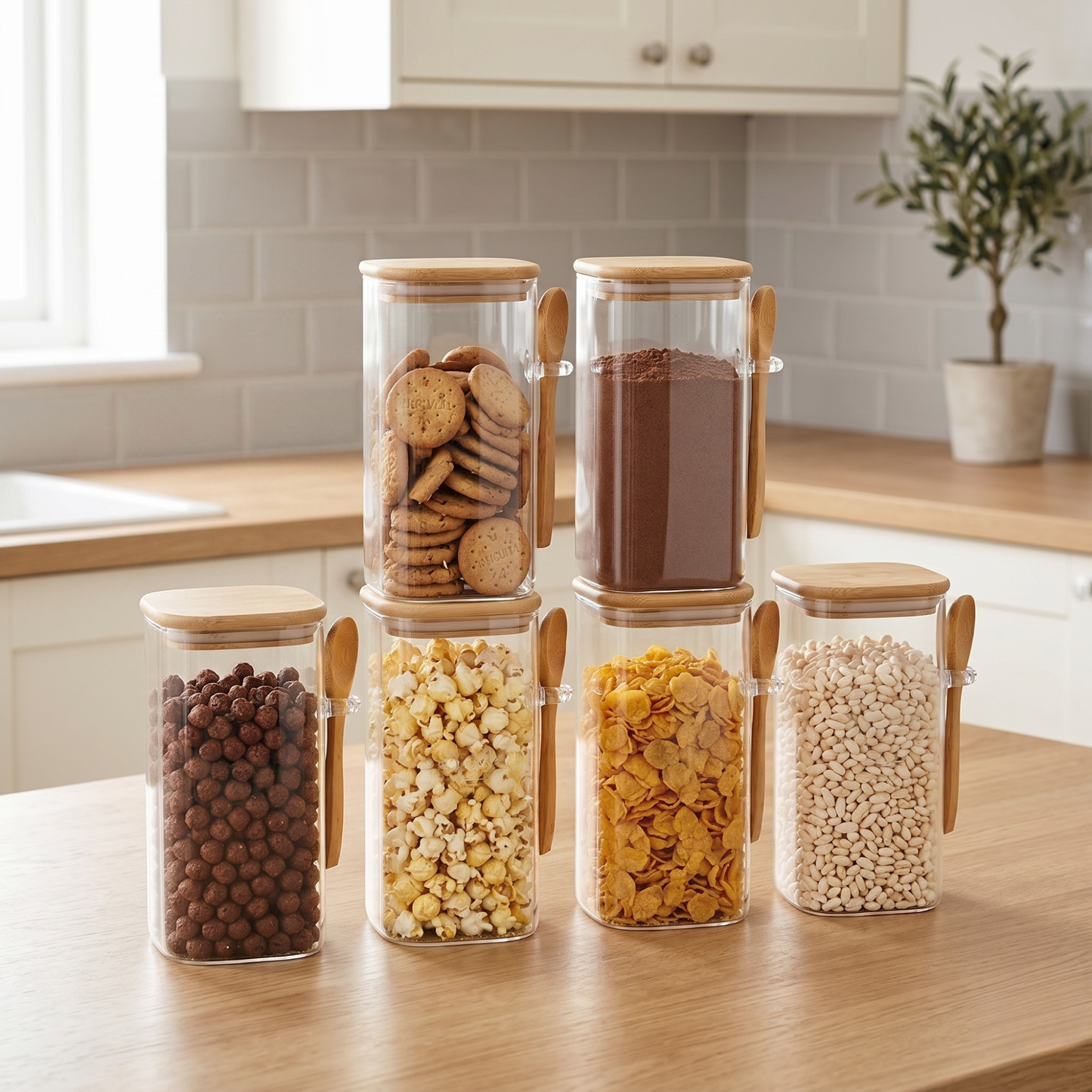 Square Airtight Glass Jar with Bamboo Lid & Spoon – 850ml