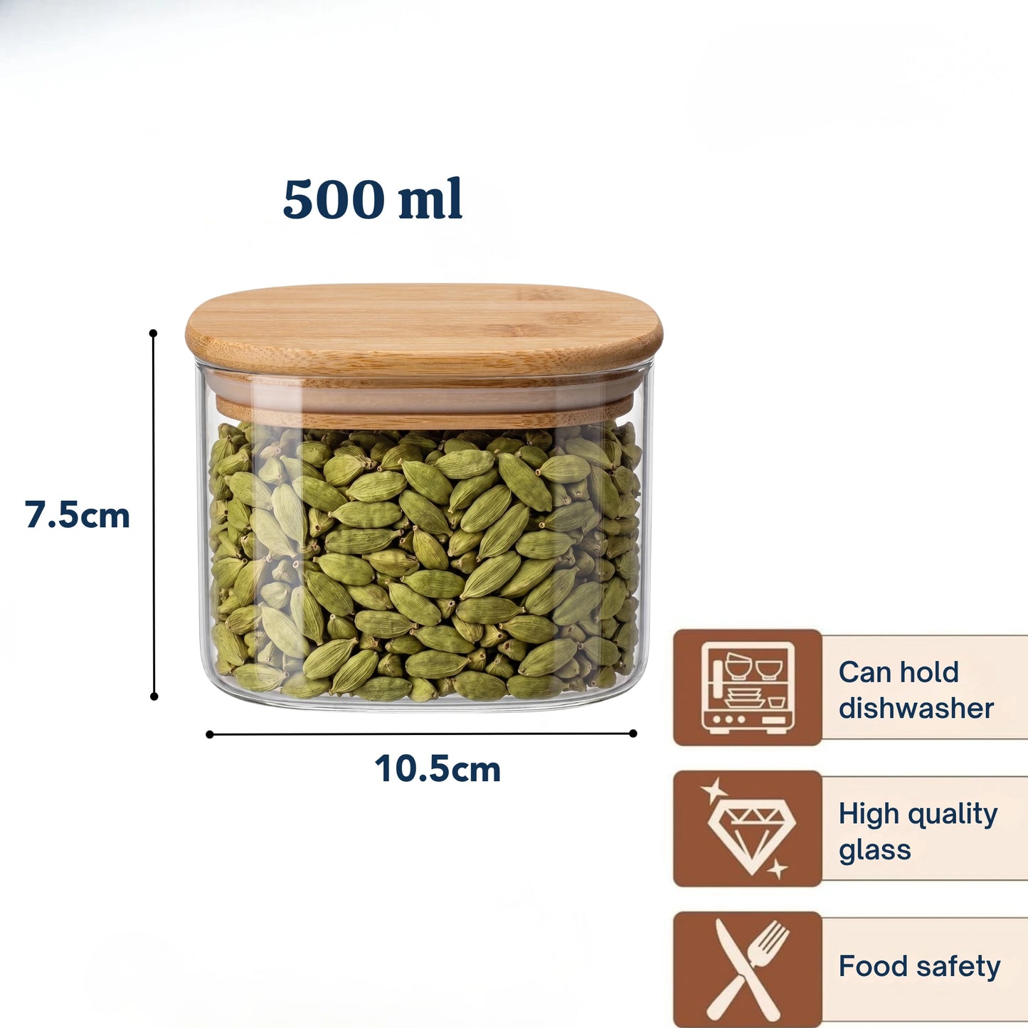 Square Airtight Glass Spice Jar with Bamboo Lid – 500ml