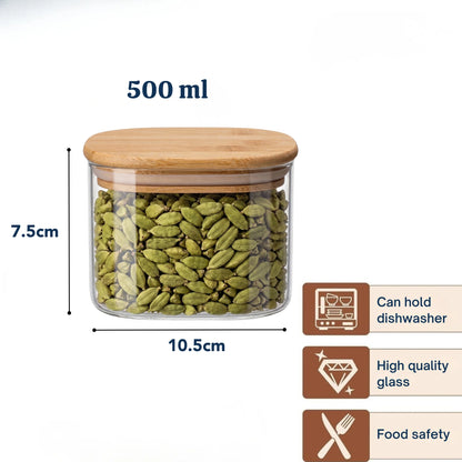 Square Airtight Glass Spice Jar with Bamboo Lid – 500ml