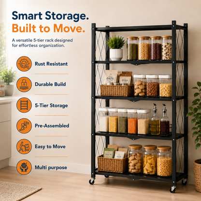 StacPro Collapsible Metal Storage Rack with Wheels | Multipurpose Heavy-Duty Shelf for Home, Kitchen & Office