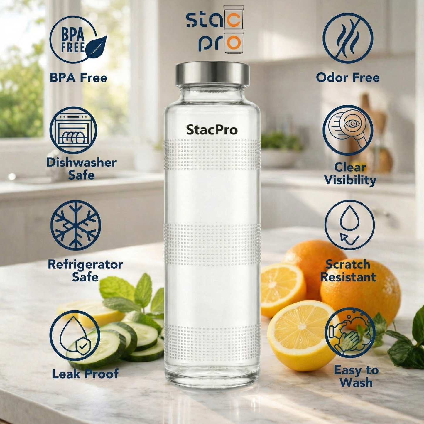 StacPro Glass Water Bottle — Texture, 750ml | BPA-Free, Leakproof | Sports & Office Hydration Bottle