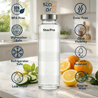 StacPro Glass Water Bottle — Texture, 750ml | BPA-Free, Leakproof | Sports & Office Hydration Bottle