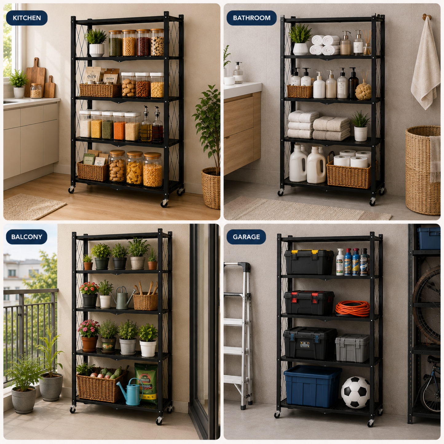 StacPro Collapsible Metal Storage Rack with Wheels | Multipurpose Heavy-Duty Shelf for Home, Kitchen & Office
