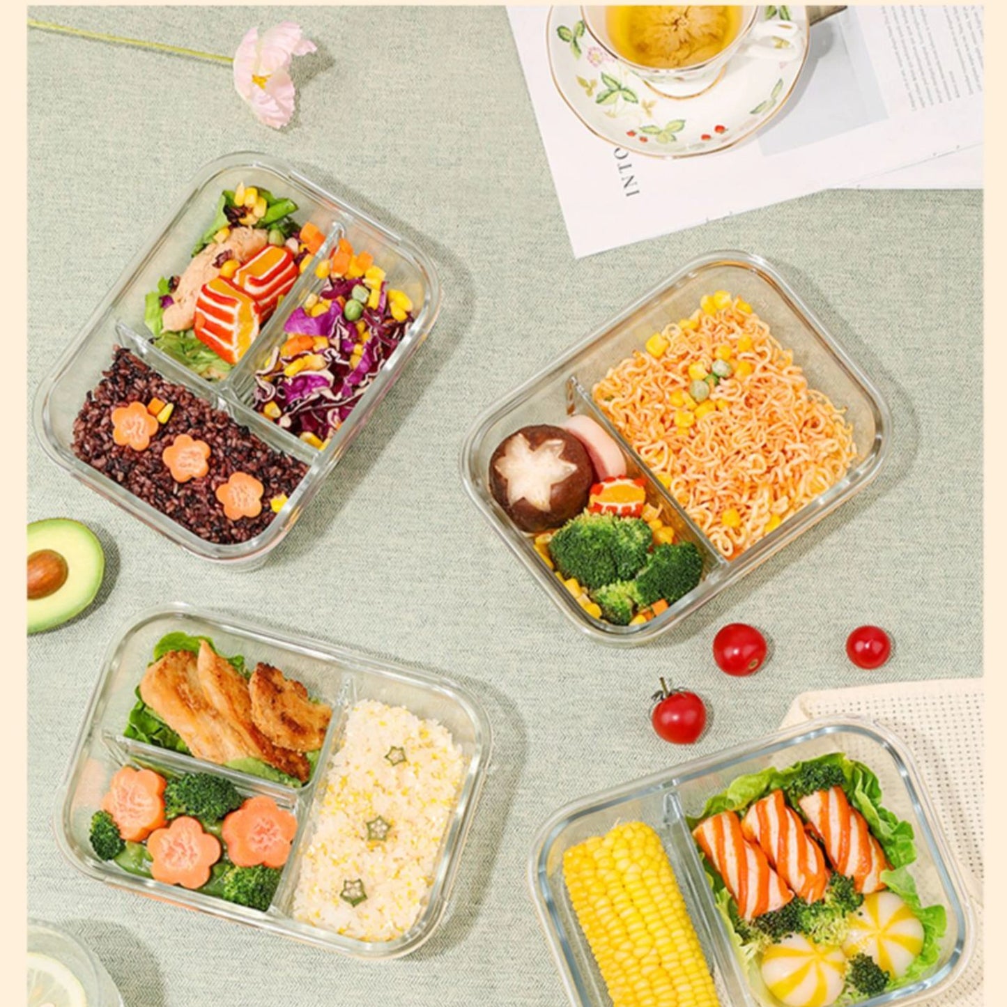 Borosilicate Glass Lunch Box with 2 Compartments & Leak-Proof 4-Side Lock Lid