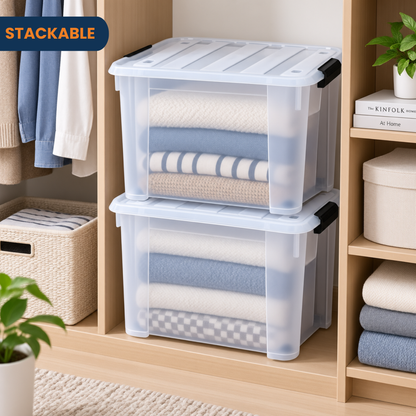 StacPro Heavy-Duty Rolling Storage Box — 70L | Clear View, Stackable, Smooth-Roll Wheels