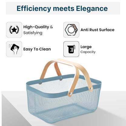 Mesh Storage Basket with Wooden Handle - Rectangular