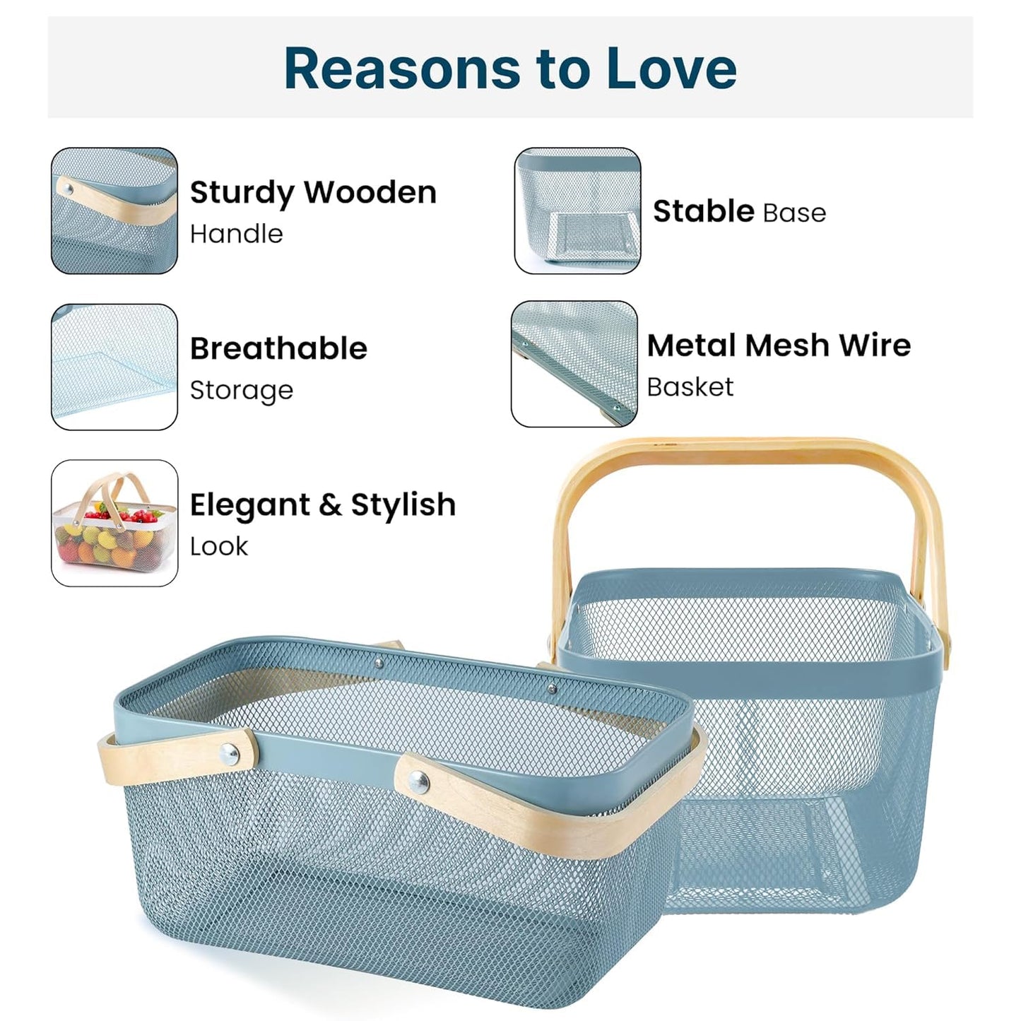 Mesh Storage Basket with Wooden Handle - Rectangular