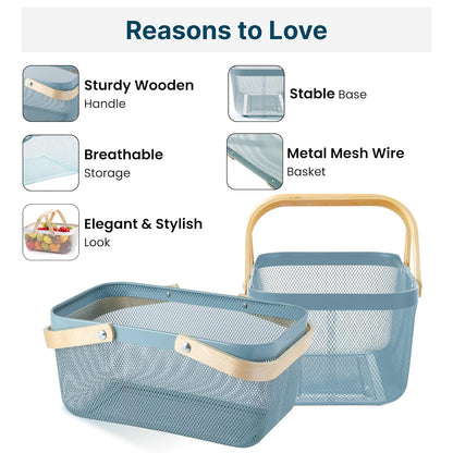 Mesh Storage Basket with Wooden Handle - Rectangular