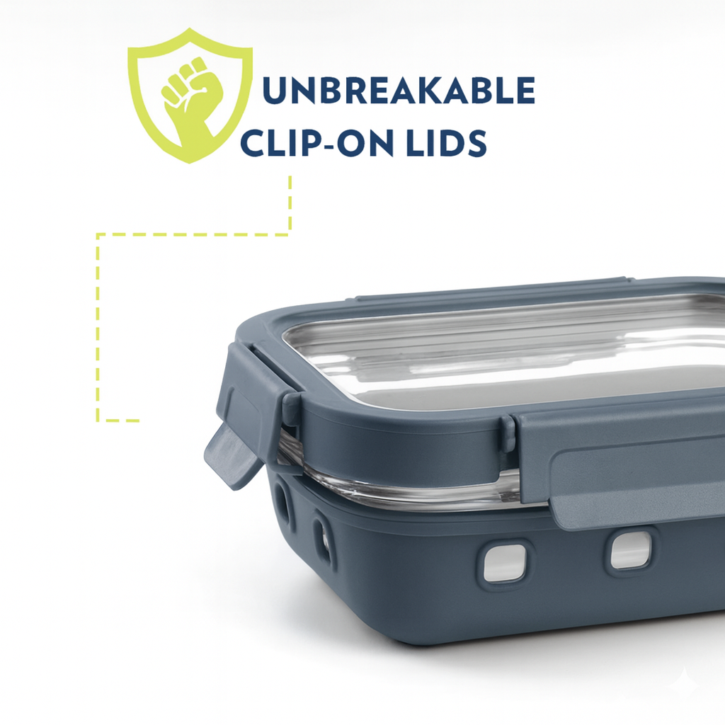 Borosilicated Glass Lunchbox with Antislip Silicone Cover and 4-Side Lock Lid- Glacier Blue