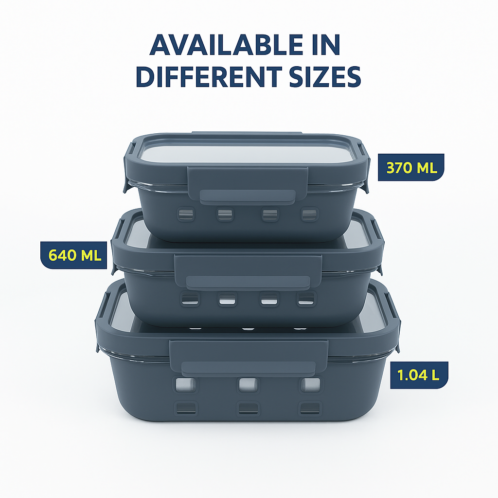 Borosilicated Glass Lunchbox with Antislip Silicone Cover and 4-Side Lock Lid- Glacier Blue