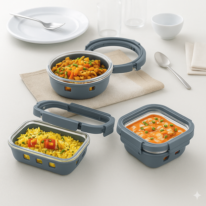 Borosilicated Glass Lunchbox with Antislip Silicone Cover and 4-Side Lock Lid- Glacier Blue