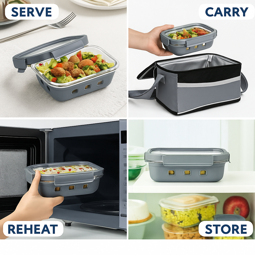 Borosilicated Glass Lunchbox with Antislip Silicone Cover and 4-Side Lock Lid- Glacier Blue
