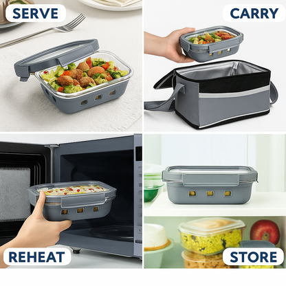 Borosilicated Glass Lunchbox with Antislip Silicone Cover and 4-Side Lock Lid- Glacier Blue