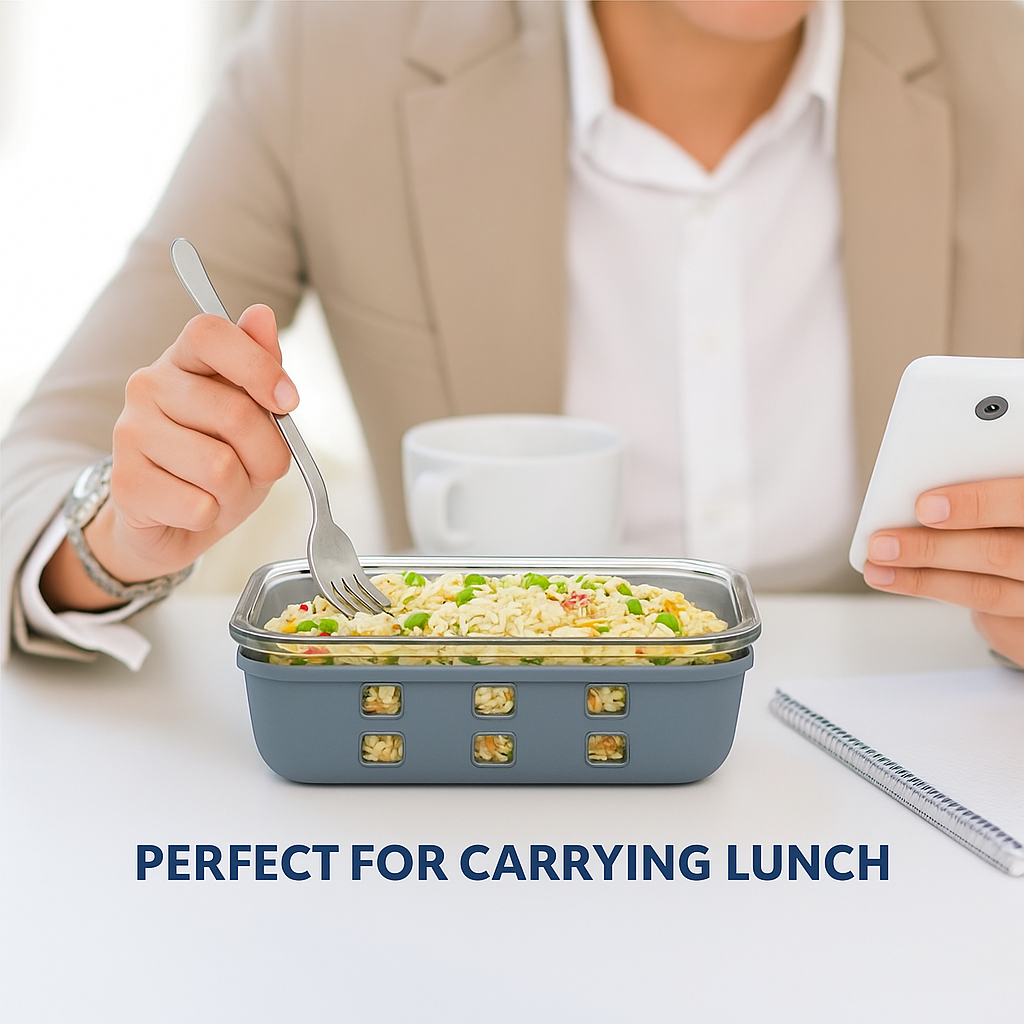 Borosilicated Glass Lunchbox with Antislip Silicone Cover and 4-Side Lock Lid- Glacier Blue
