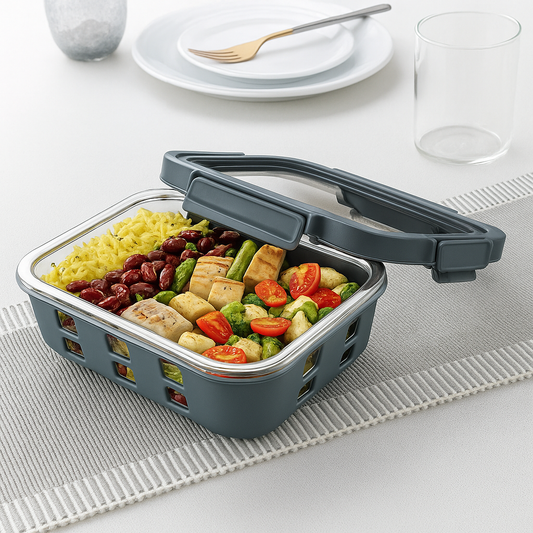 Borosilicated Glass Lunchbox with Antislip Silicone Cover and 4-Side Lock Lid- Glacier Blue