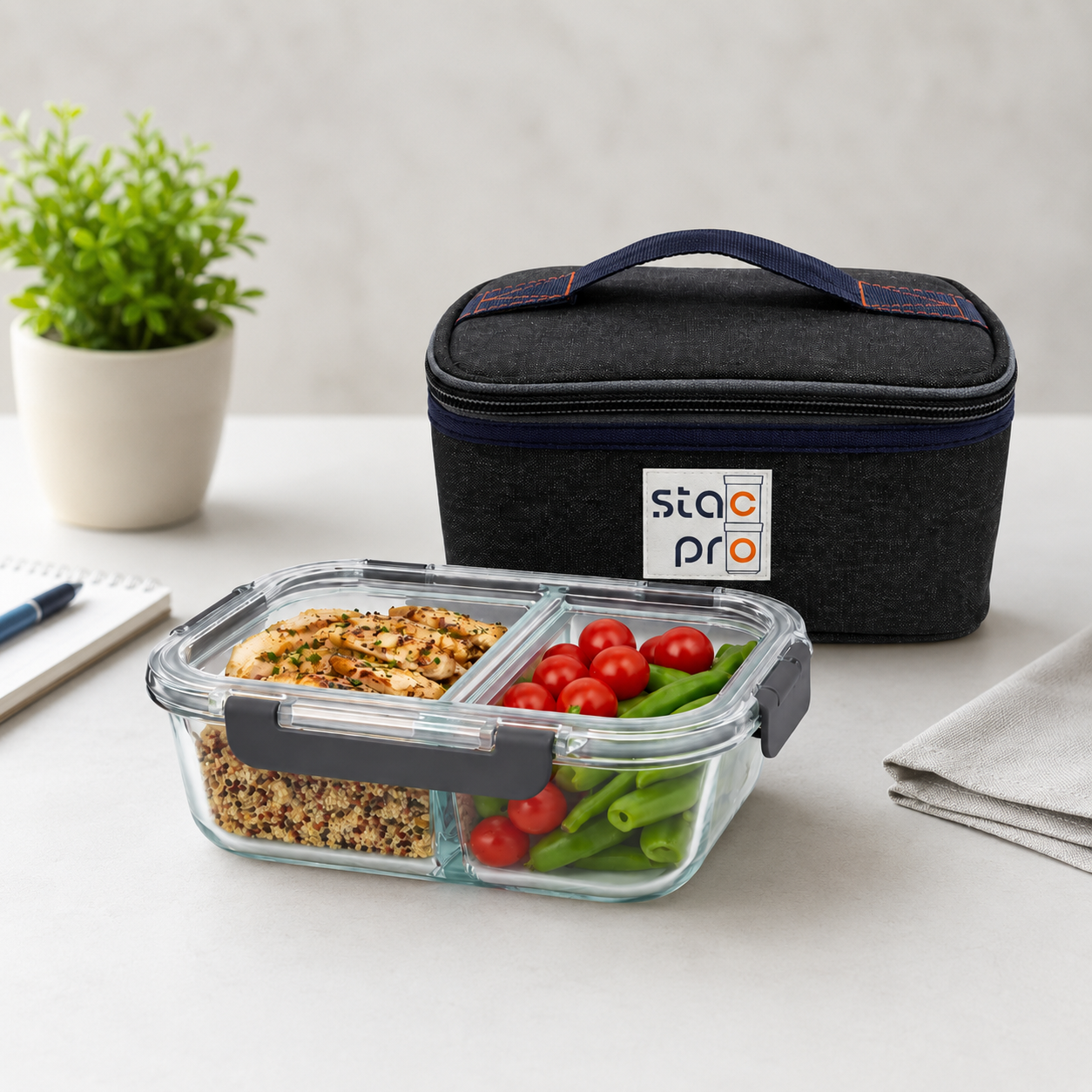 StacPro 2-Compartment Borosilicate Glass Lunch Box —  Leakproof Internal Divider | Microwave Safe with Divider | One Box for Dal + Sabzi