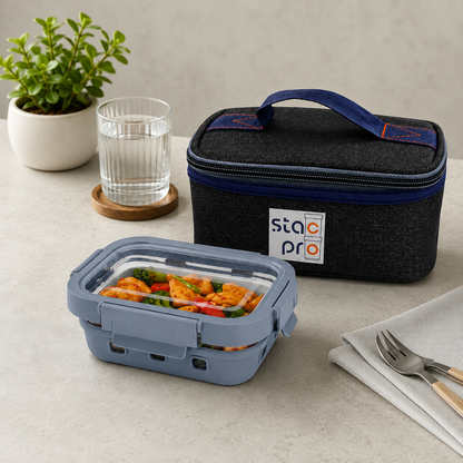 StacPro Griplok Borosilicate Glass Lunch Box – Glacier Blue | Leakproof Grip-Lock Lid & Silicone Sleeve