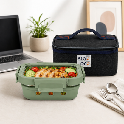 StacPro Griplok Borosilicate Glass Lunch Box – Forest Green | Leakproof Lid & Silicone Sleeve