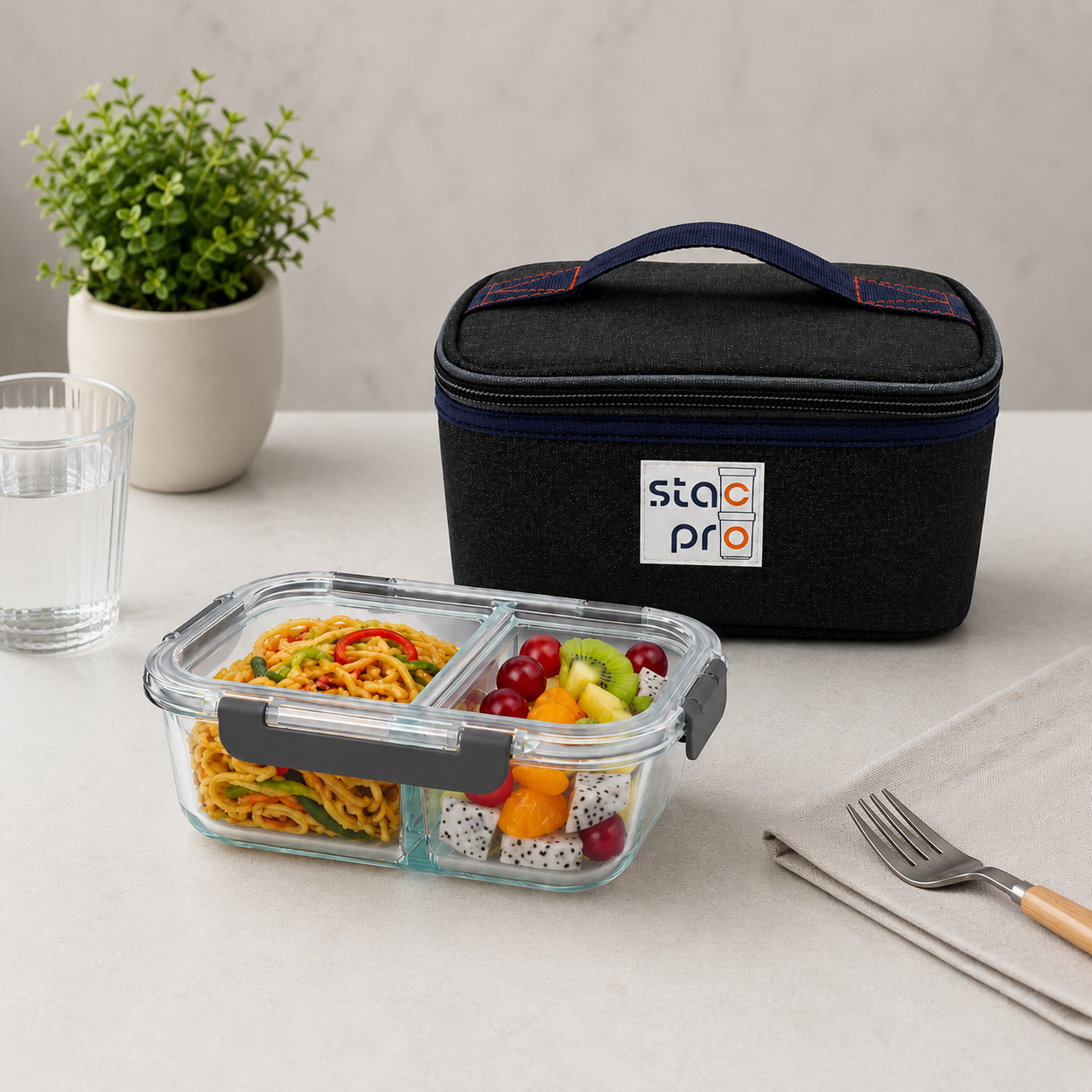 StacPro 2-Compartment Borosilicate Glass Lunch Box —  Leakproof Internal Divider | Microwave Safe with Divider | One Box for Dal + Sabzi