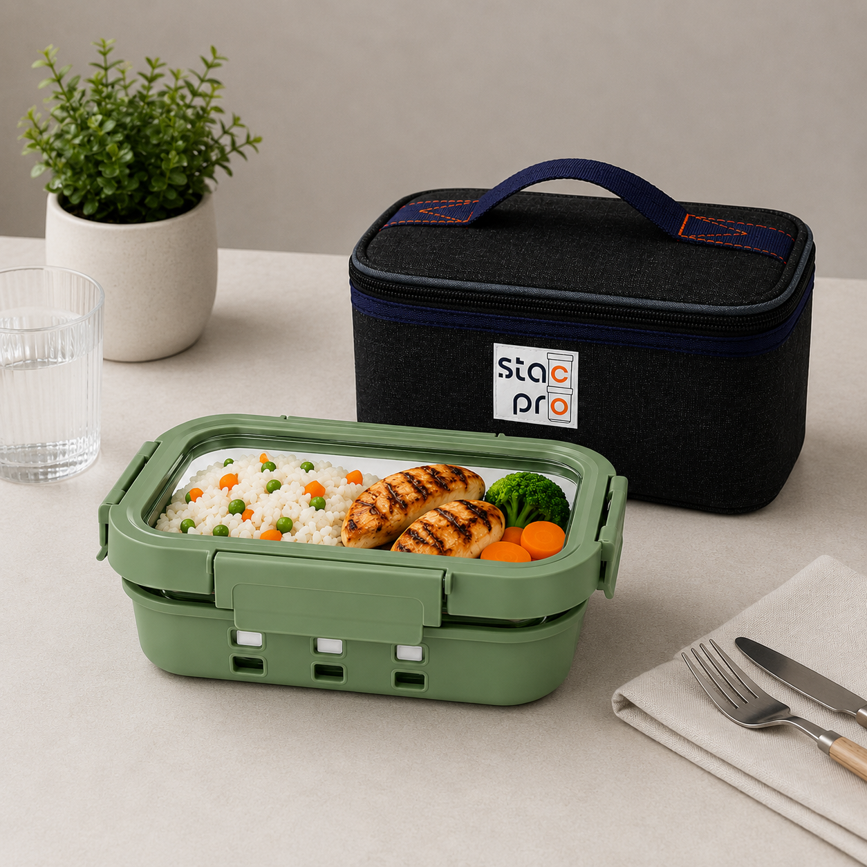 StacPro Griplok Borosilicate Glass Lunch Box – Forest Green | Leakproof Lid & Silicone Sleeve