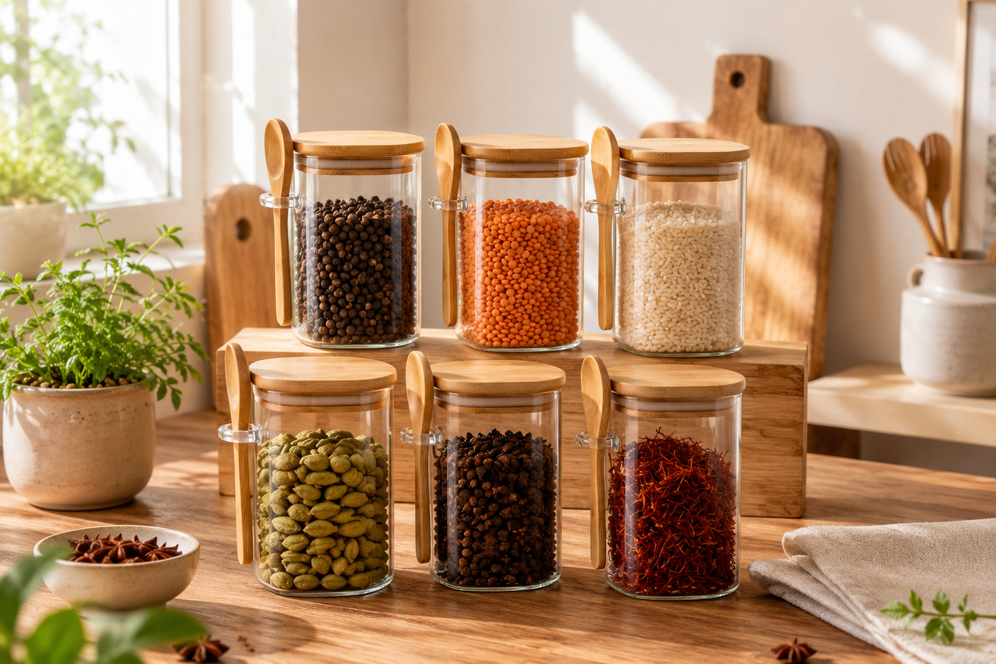 Square Airtight Glass Jar with Bamboo Lid & Spoon – 850ml