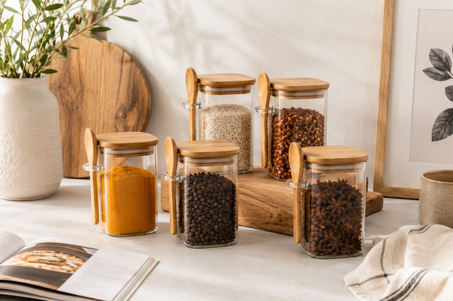 Square Airtight Glass Jar with Bamboo Lid & Spoon – 850ml
