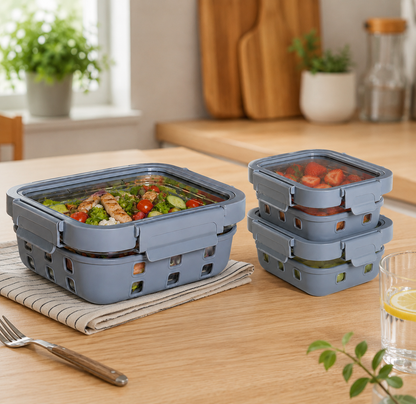 Borosilicated Glass Lunchbox with Antislip Silicone Cover and 4-Side Lock Lid- Glacier Blue