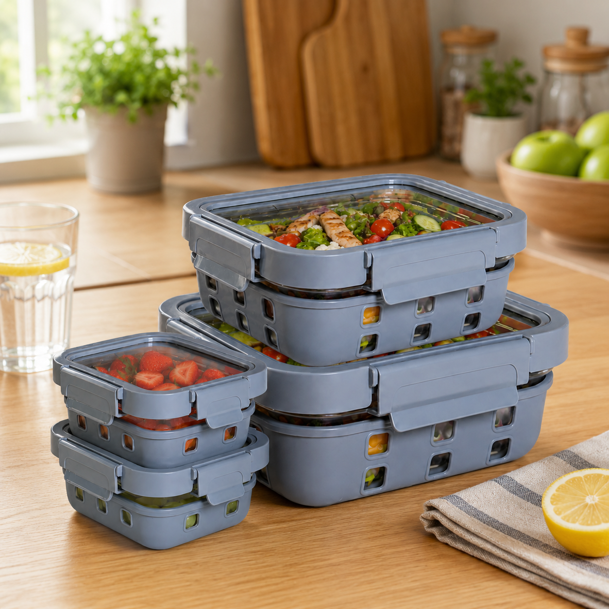 Borosilicated Glass Lunchbox with Antislip Silicone Cover and 4-Side Lock Lid- Glacier Blue