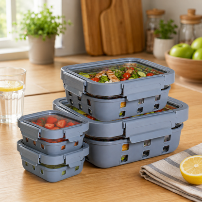 Borosilicated Glass Lunchbox with Antislip Silicone Cover and 4-Side Lock Lid- Glacier Blue