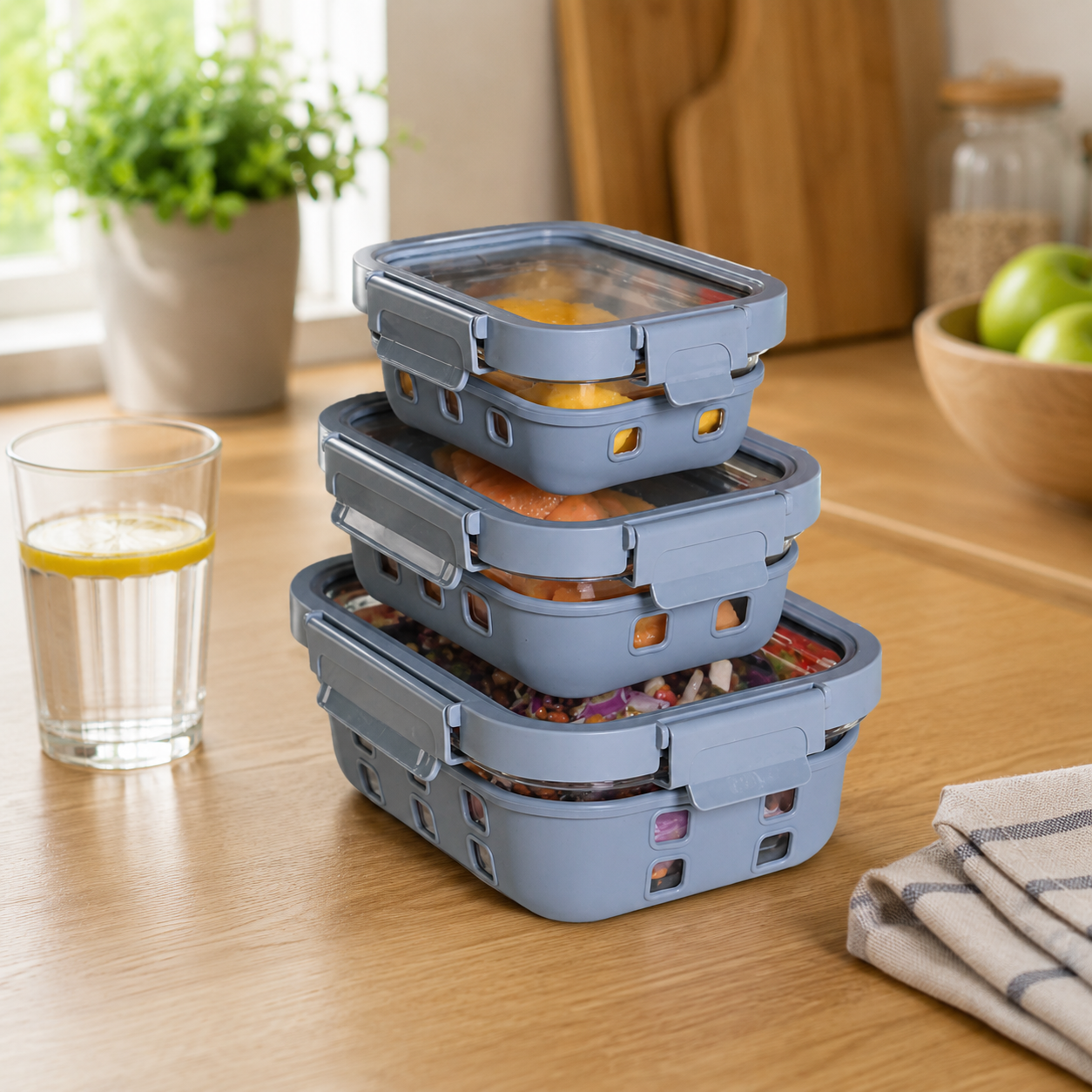Borosilicated Glass Lunchbox with Antislip Silicone Cover and 4-Side Lock Lid- Glacier Blue