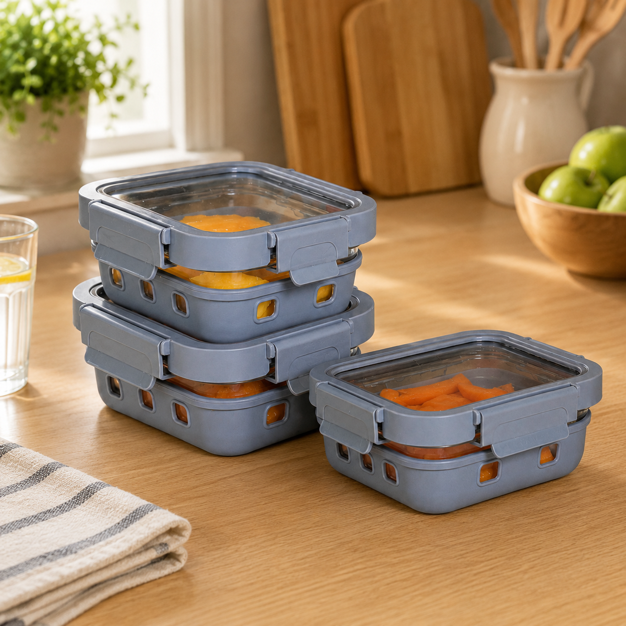 Borosilicated Glass Lunchbox with Antislip Silicone Cover and 4-Side Lock Lid- Glacier Blue