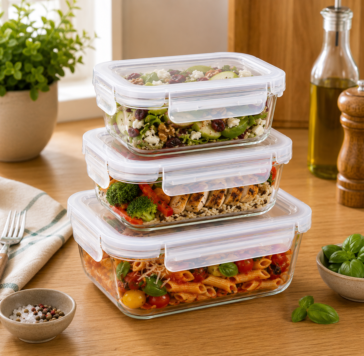 Borosilicate Glass Lunch Box with Leak-Proof Lid (Single Compartment)