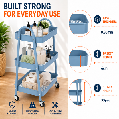 StacPro 3-Tier Metal Storage Trolley with Wheels | Multipurpose Rolling Rack