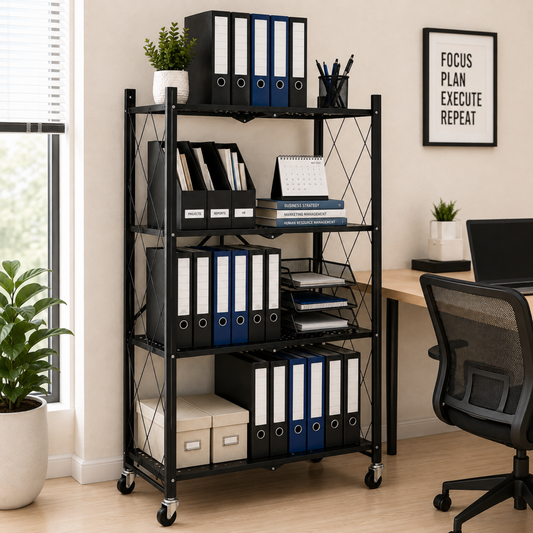 StacPro 4-Tier Collapsible Metal Storage Rack with Wheels | Foldable Multipurpose Shelf for Home