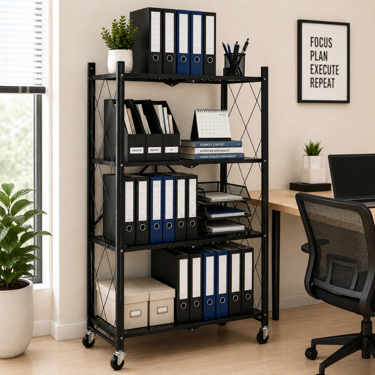 StacPro 4-Tier Collapsible Metal Storage Rack with Wheels | Foldable Multipurpose Shelf for Home