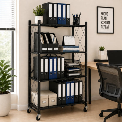 StacPro 4-Tier Collapsible Metal Storage Rack with Wheels | Foldable Multipurpose Shelf for Home
