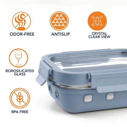 StacPro Griplok Borosilicate Glass Lunch Box – Glacier Blue | Leakproof Grip-Lock Lid & Silicone Sleeve