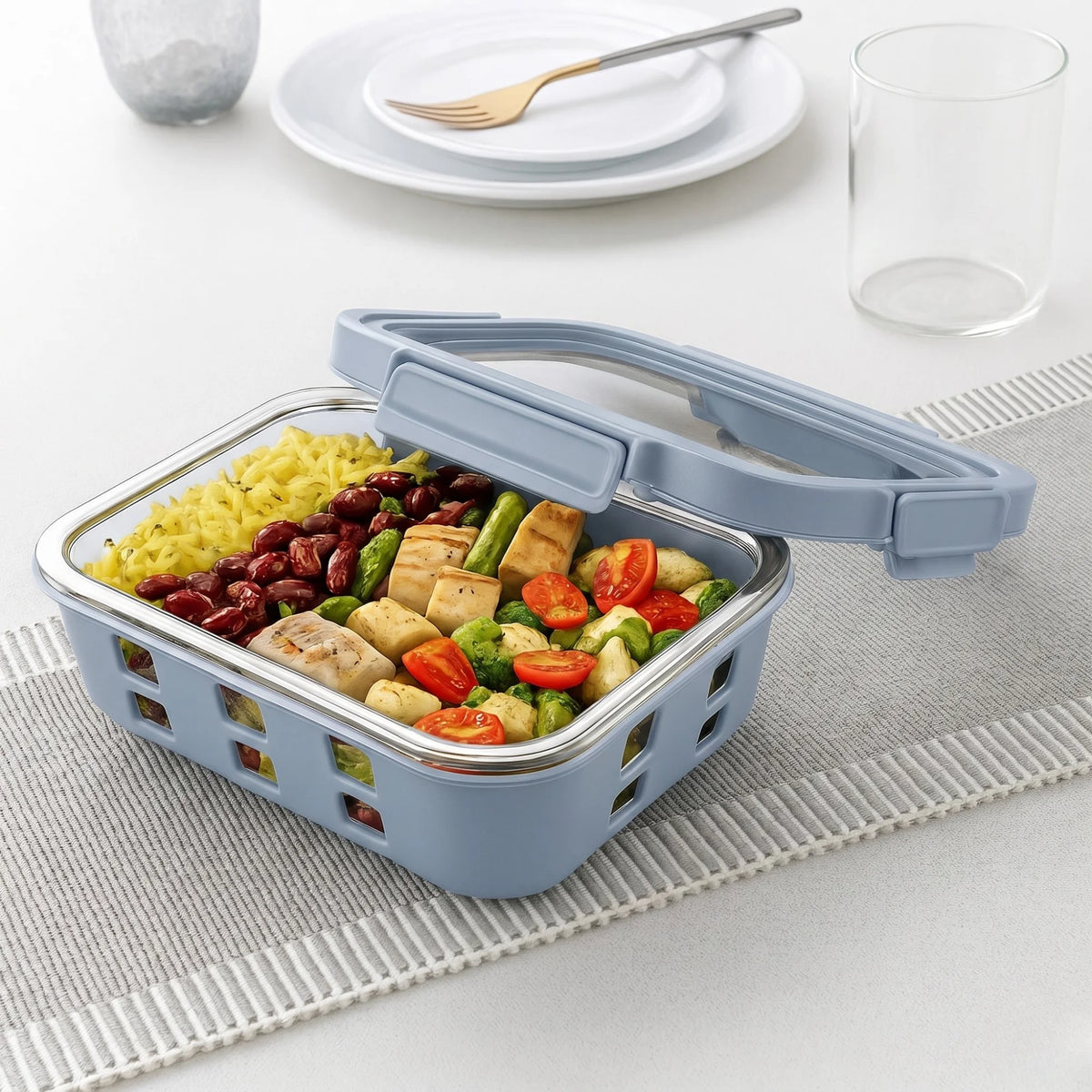 StacPro Griplok Borosilicate Glass Lunch Box – Glacier Blue | Leakproof Grip-Lock Lid & Silicone Sleeve