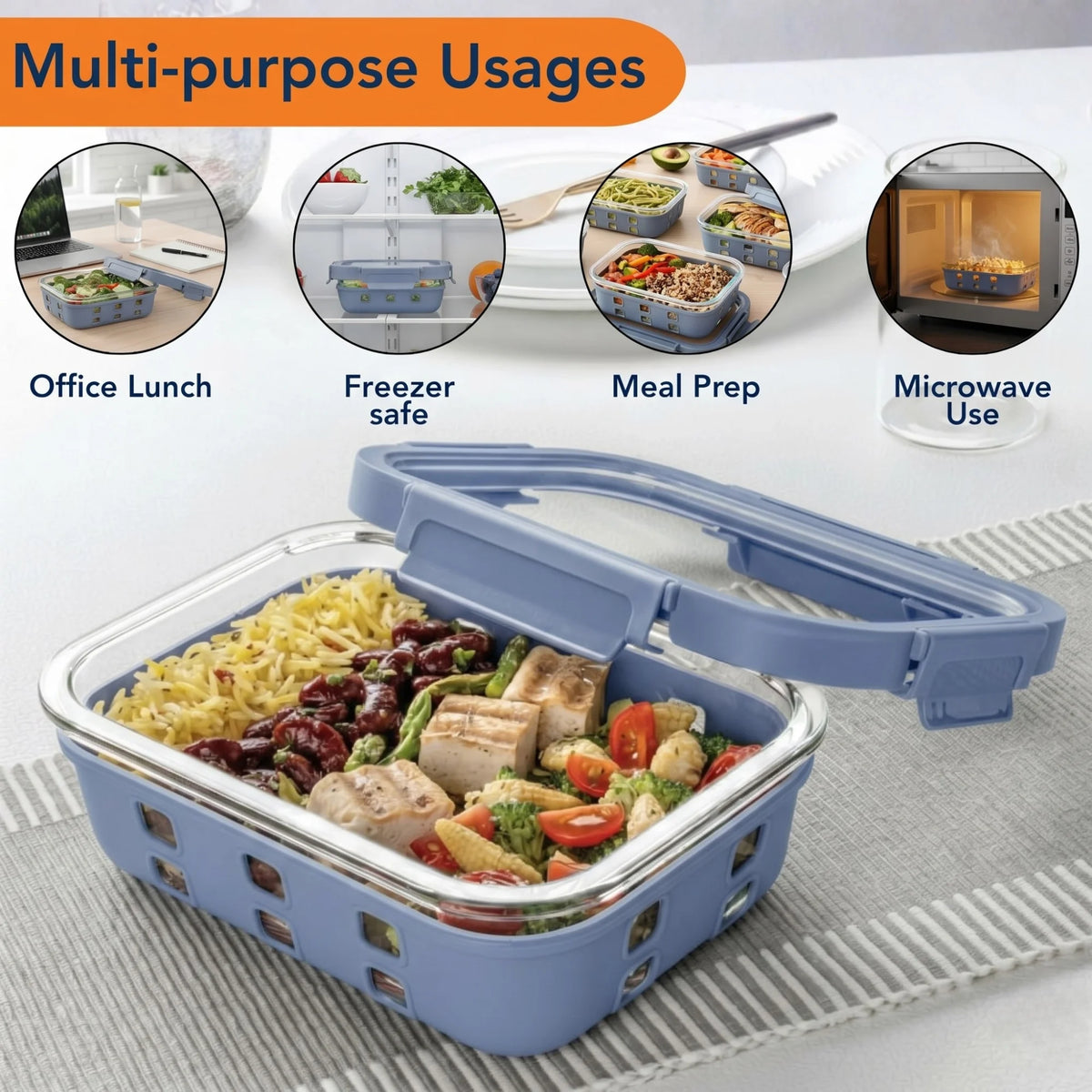 StacPro Griplok Borosilicate Glass Lunch Box – Glacier Blue | Leakproof Grip-Lock Lid & Silicone Sleeve